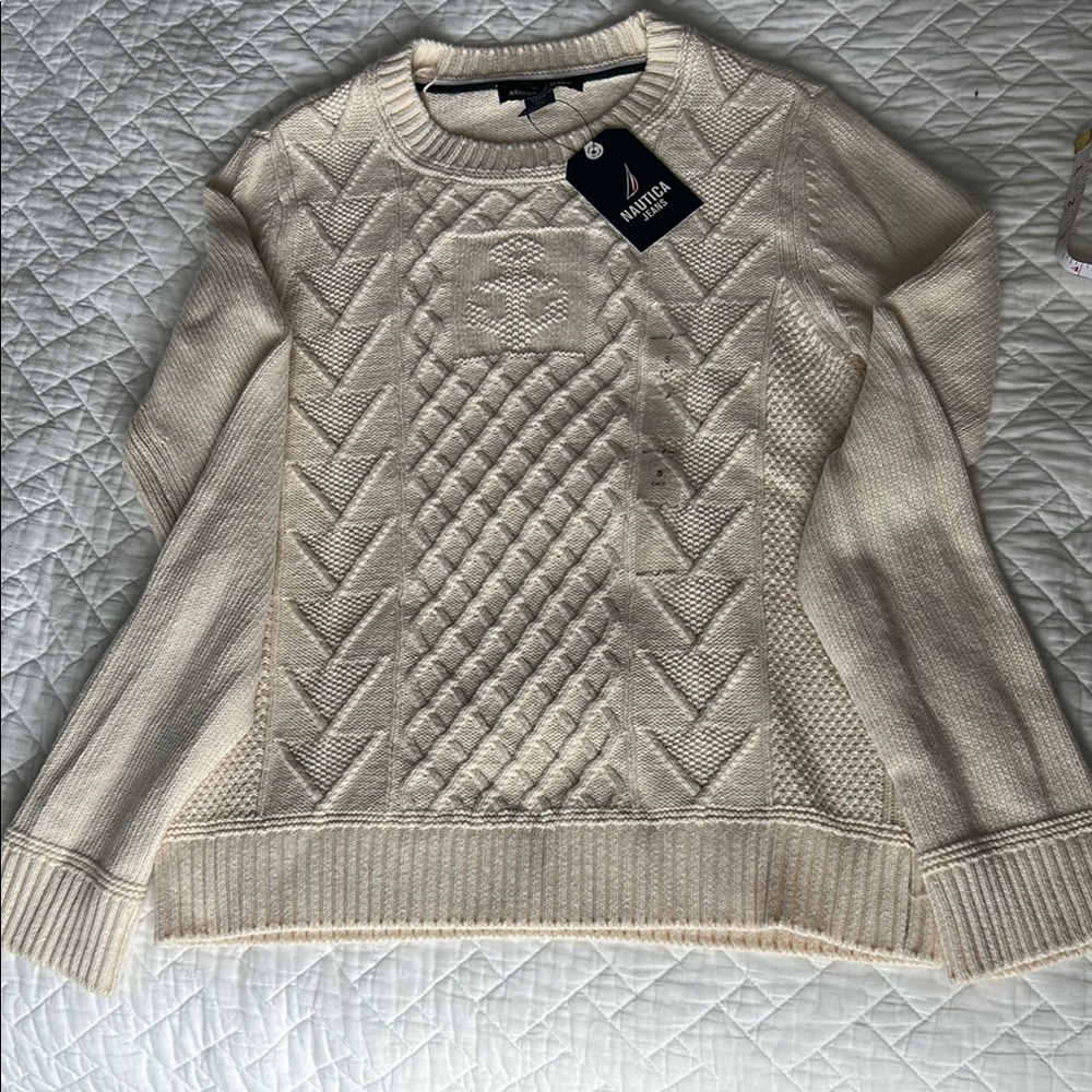Nautica Cream Cable Knit Crew Neck Sweater